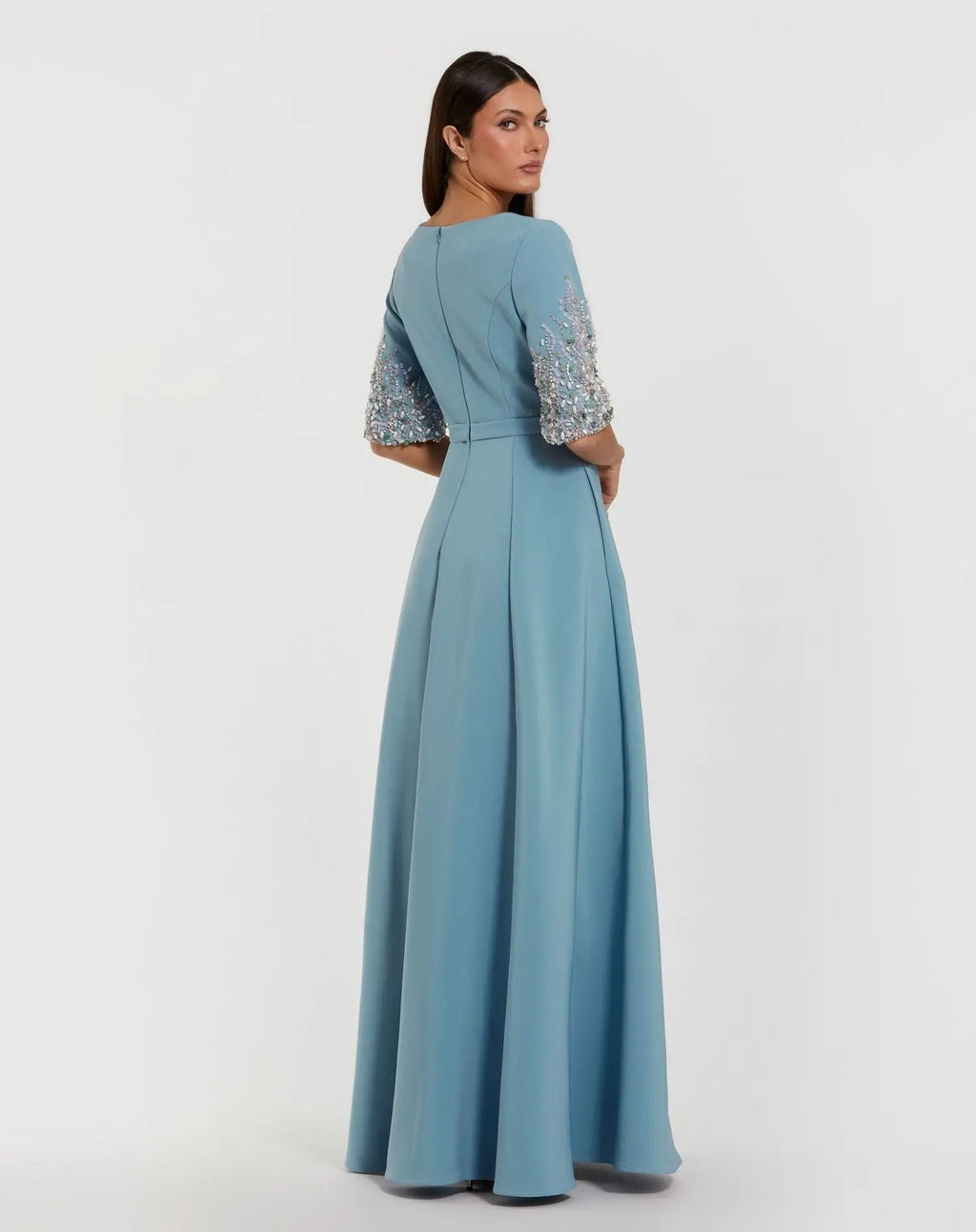 French Blue A-Line Gown With Embellished 3/4 Sleeves