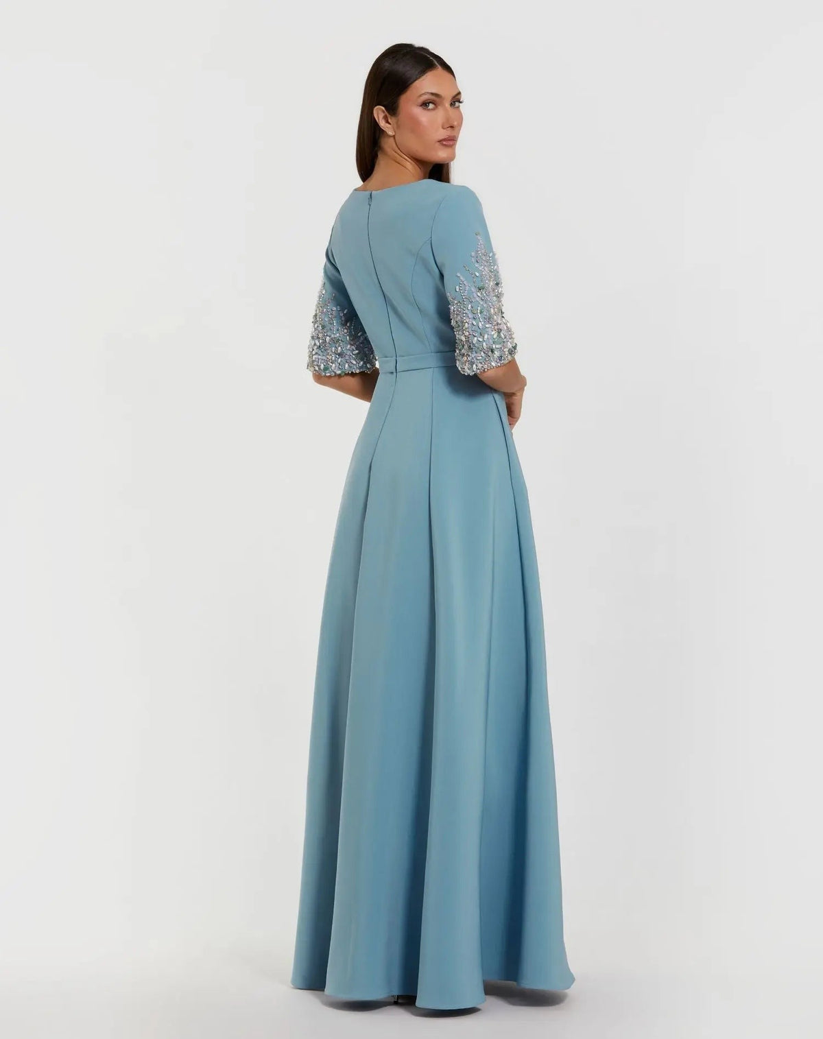 French Blue A-Line Gown With Embellished 3/4 Sleeves