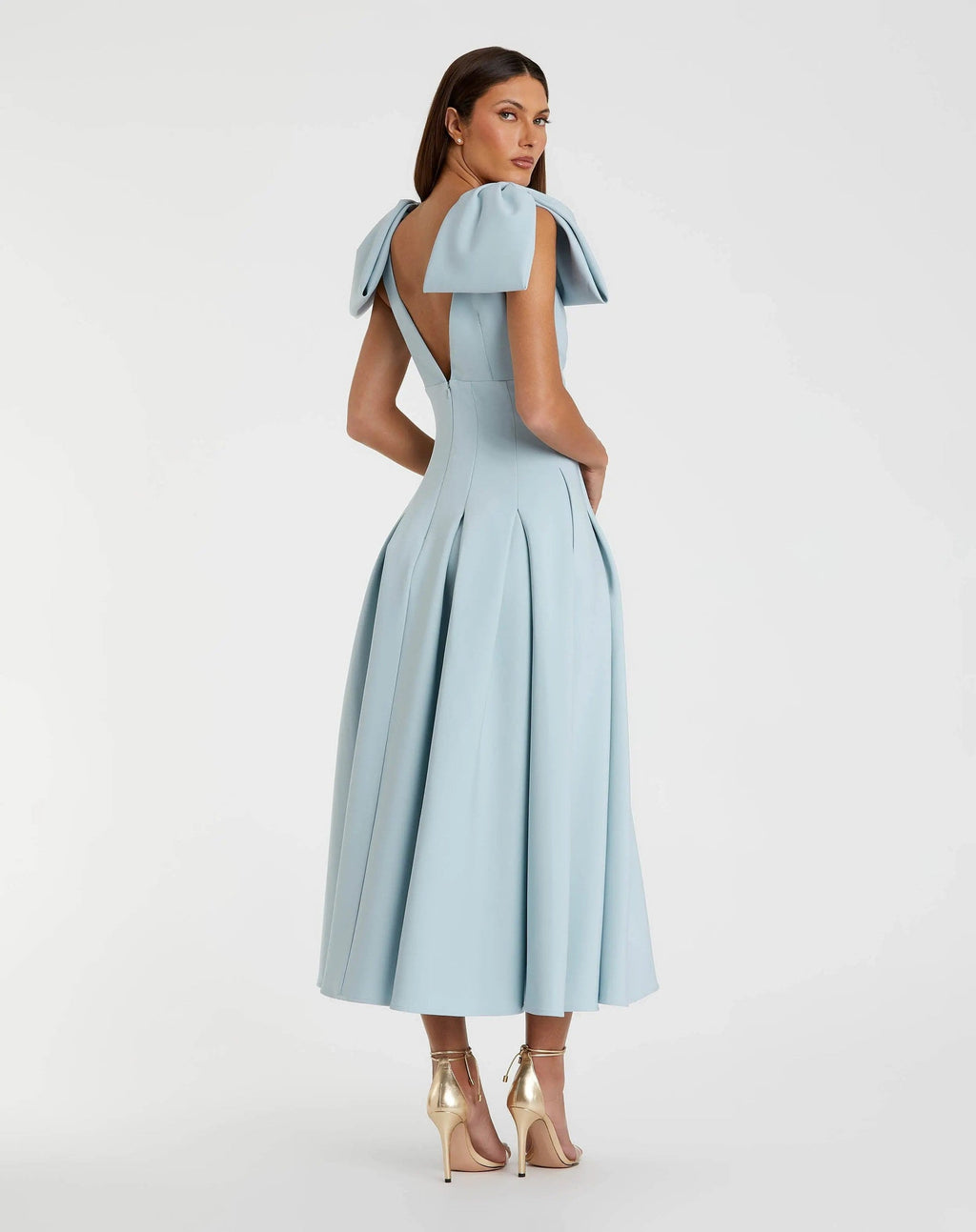 Ice Blue Crepe A Line Midi Dress With Bow Straps