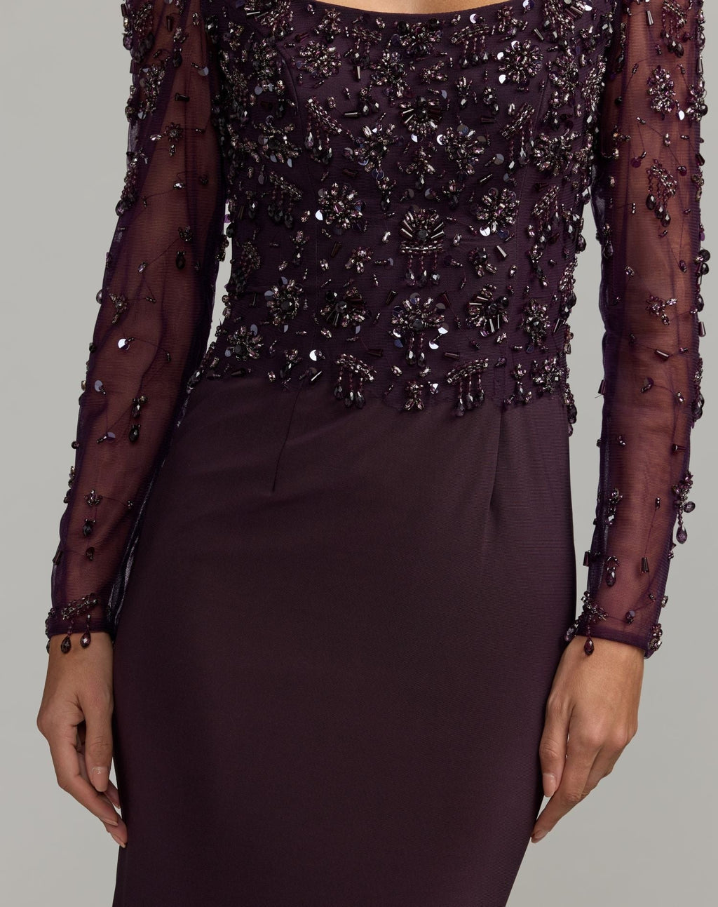 Amethyst Long Sleeve Beaded Column Gown