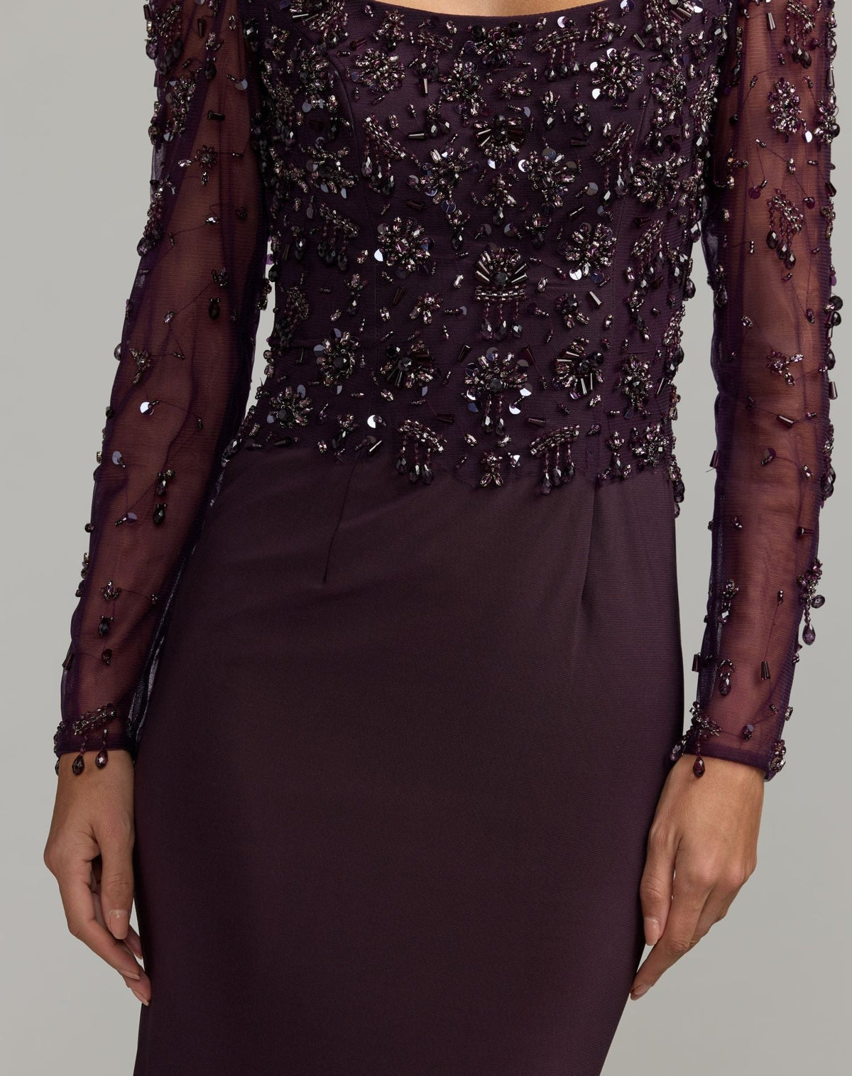Amethyst Long Sleeve Beaded Column Gown