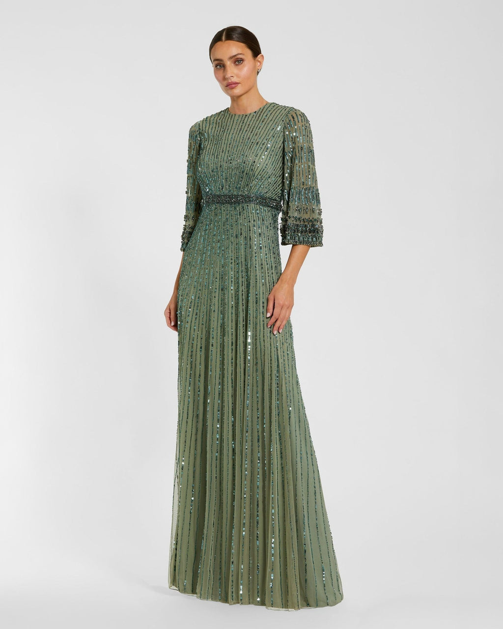 Seafoam High Neck Embellished Gown With 3/4 Sleeves