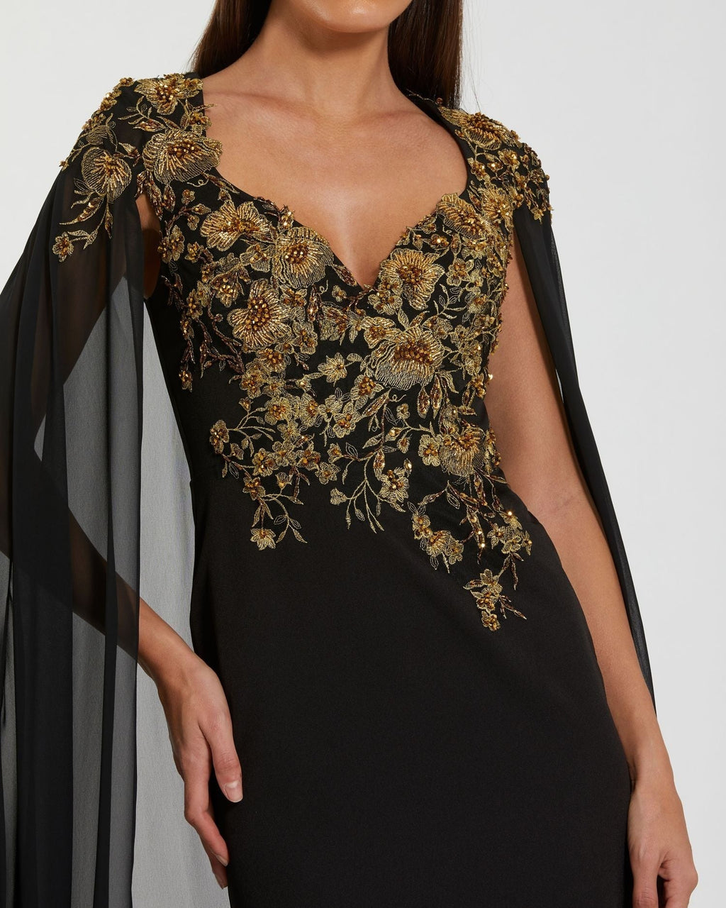 Black Gold Embellished Column Gown with Chiffon Cape Sleeves