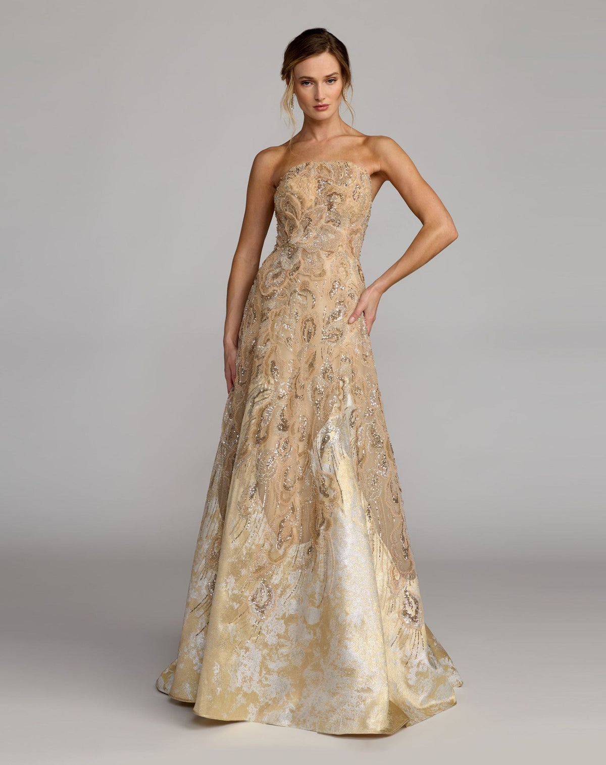 Champagne Strapless Embellished Brocade A-Line Gown