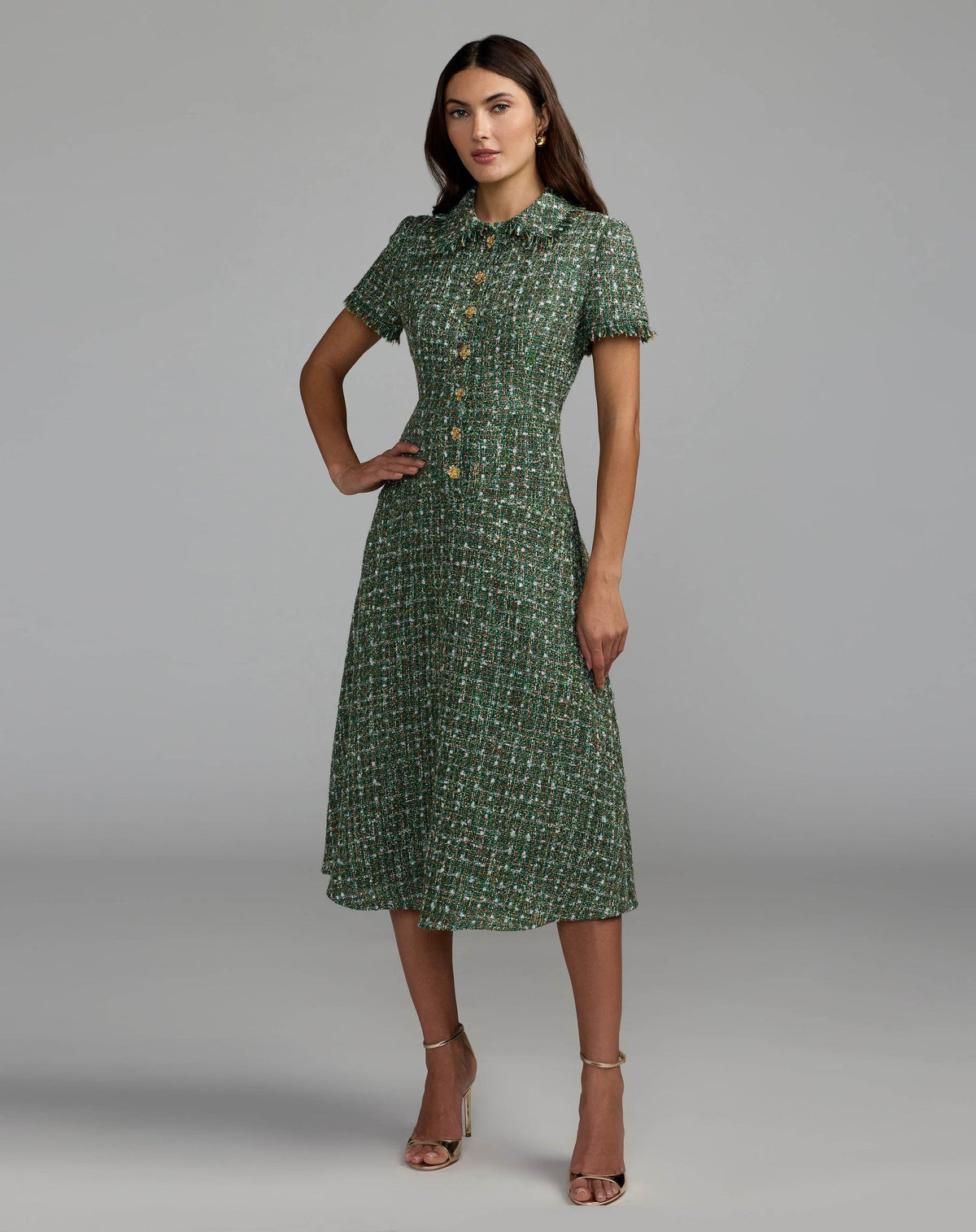 Emerald Multi Boucle Short Sleeve Button Up Midi Dress