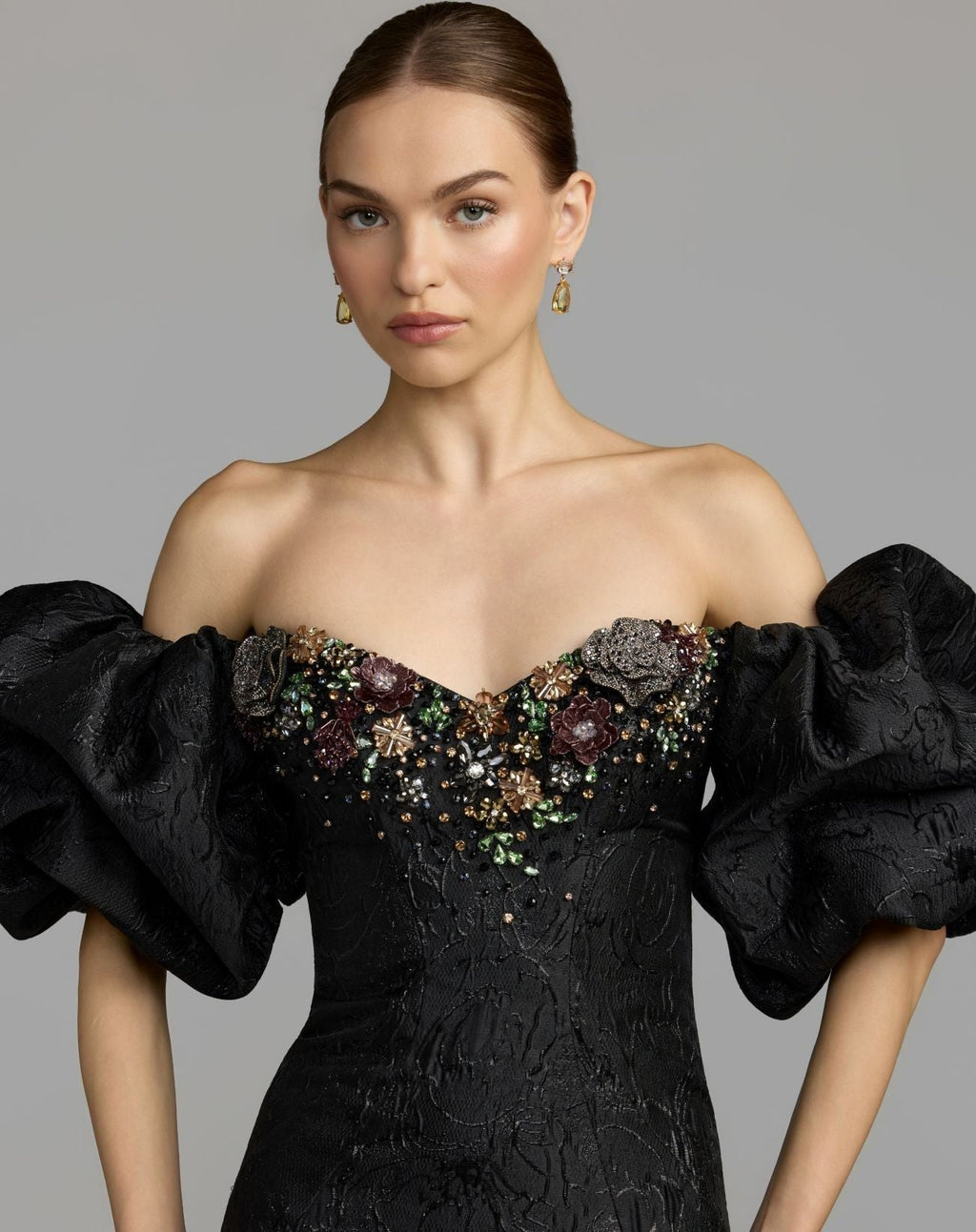 Black Multi Embellished Brocade Off The Shoulder Mermaid Gown
