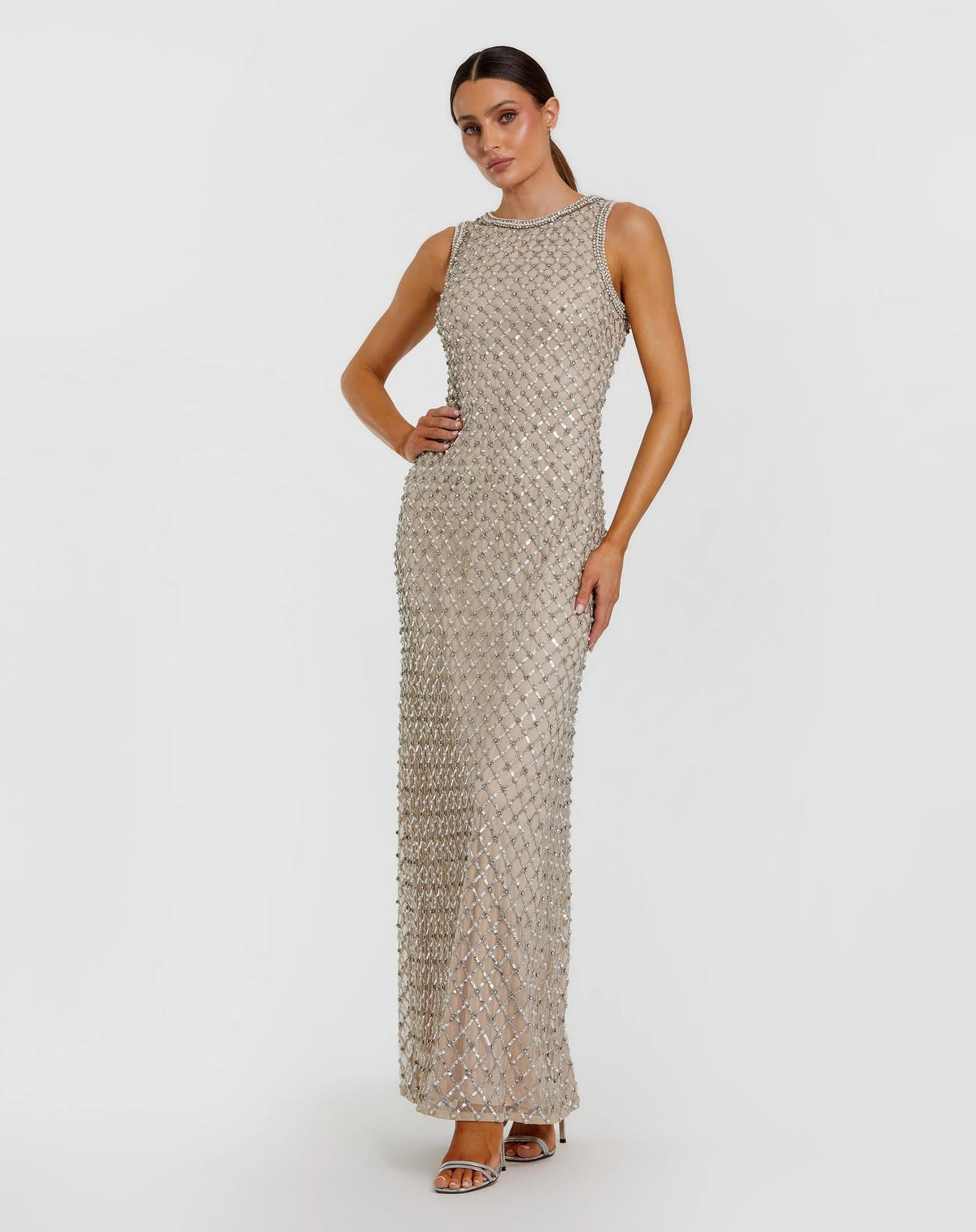 Silver Nude Embellished High Neck Column Gown