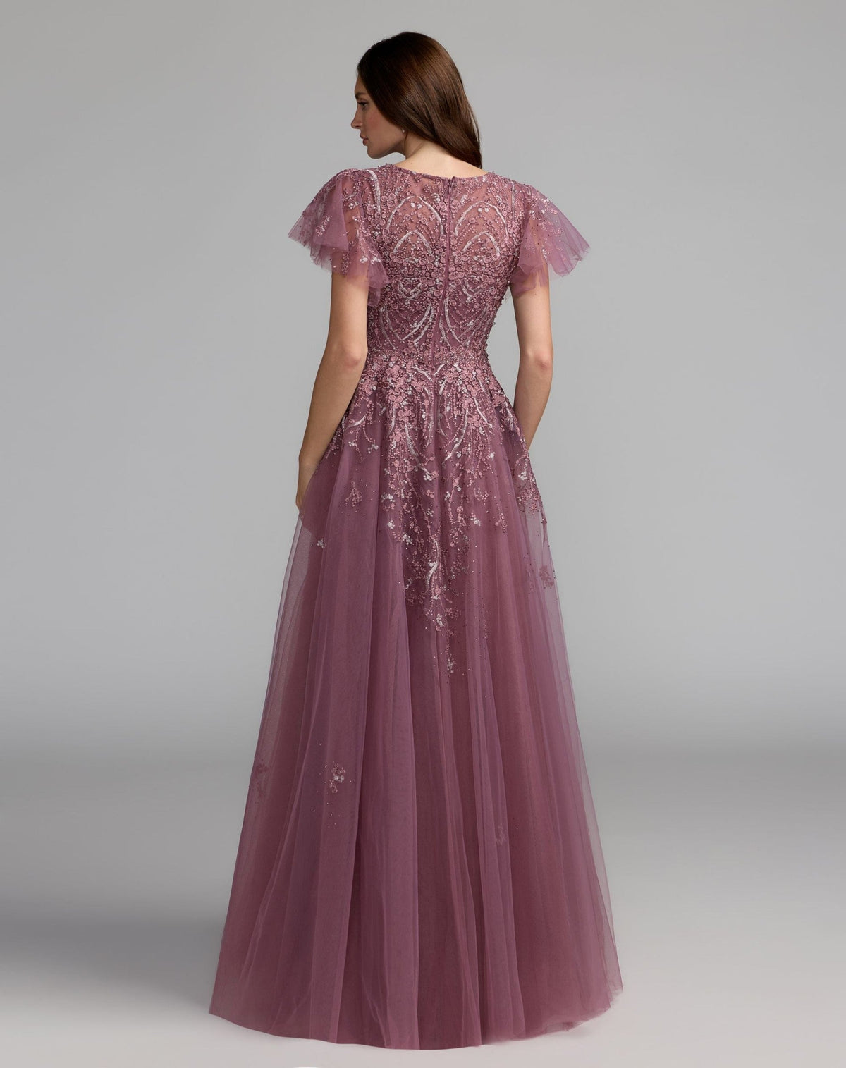 Purple Embroidered Tulle Flutter Sleeve Formal Gown