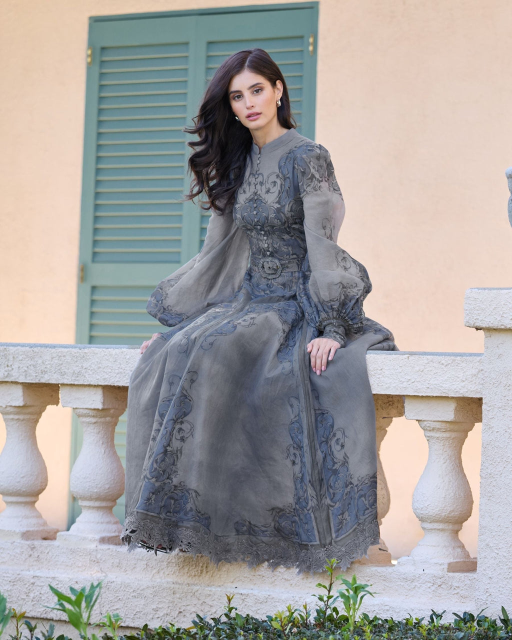 Slate Blue Bishop Sleeve Printed Cotton A-Line Dress