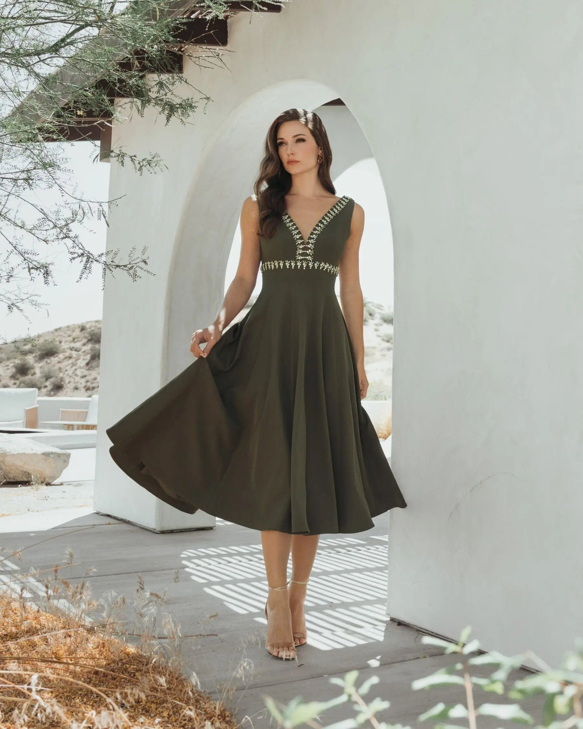 Olive Rhinestone Embellished Crepe A-Line Midi Dress