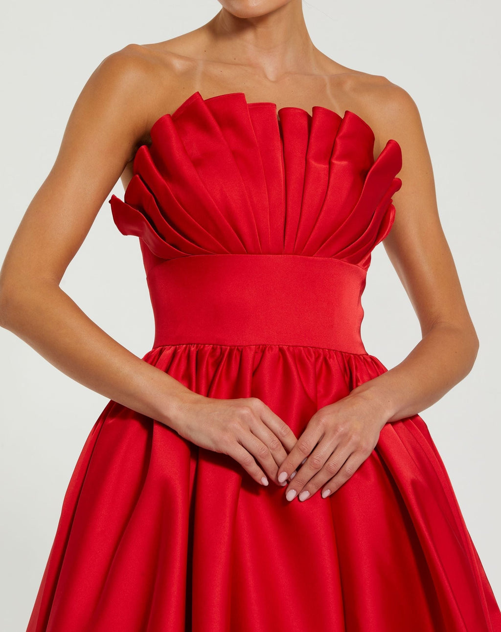 Red Strapless Bubble Hem High Low Ball Gown