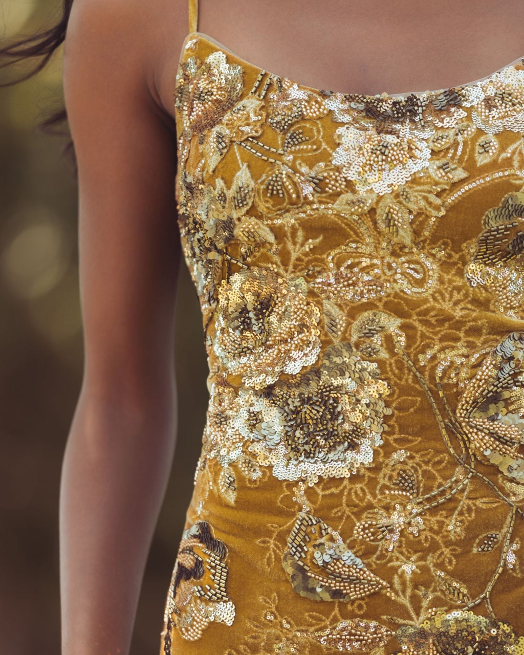 Gold Embellished Velvet Fringe Maxi Dress