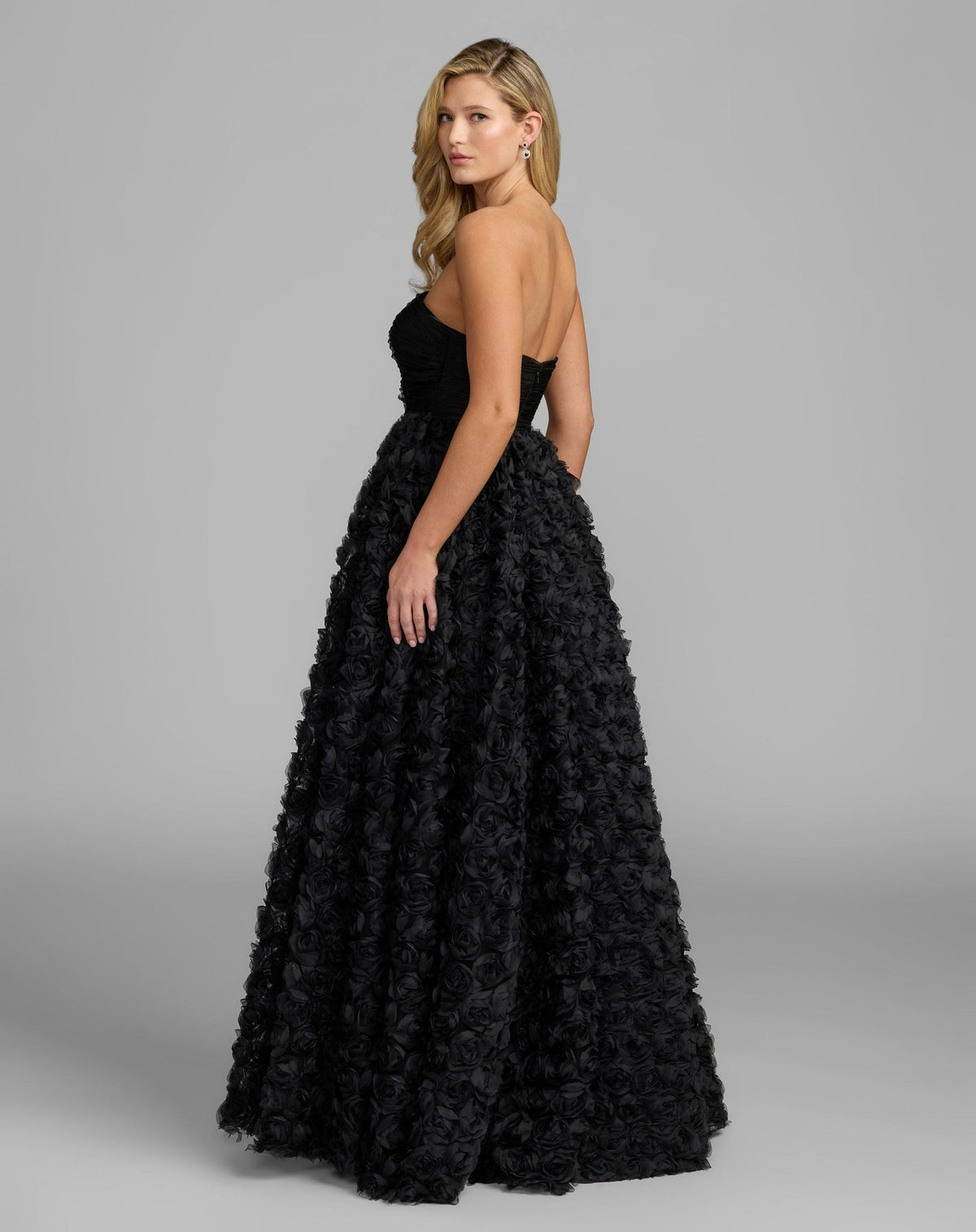 Petite Black Strapless 3D Rosette Ball Gown