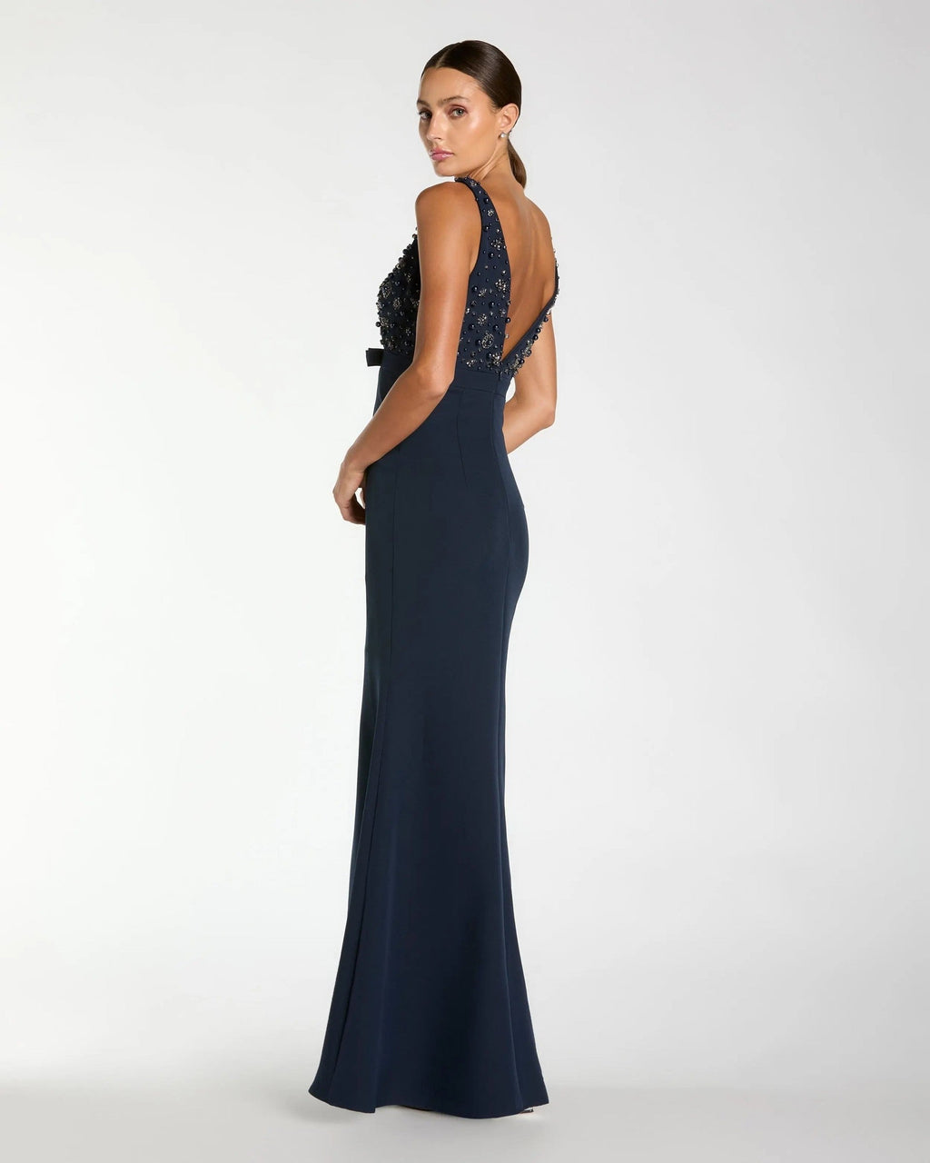 Midnight Embellished Deep V-Neck Crepe Gown With Bow