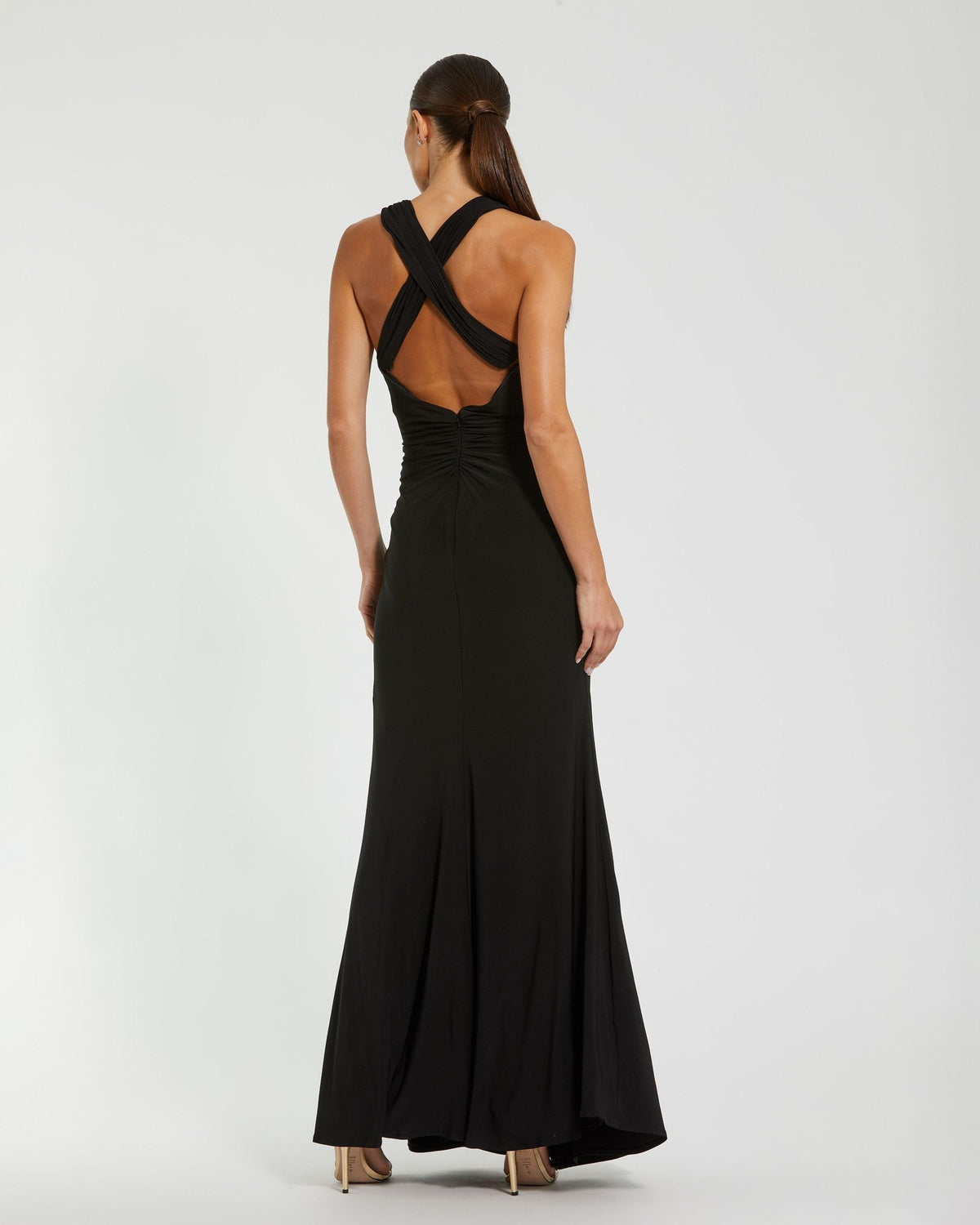 Black Jersey Halter Neck Gown With 3D Flower
