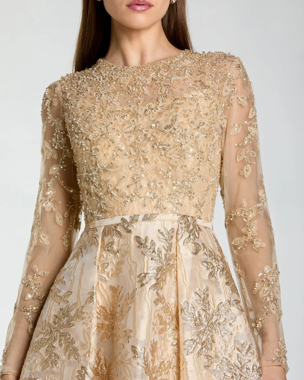Light Gold Embellished Long Sleeve Brocade Ball Gown