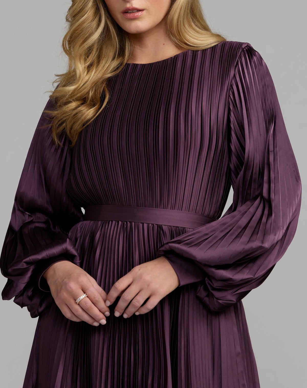 Plum Long Sleeve Pleated Charmeuse Handkerchief Dress