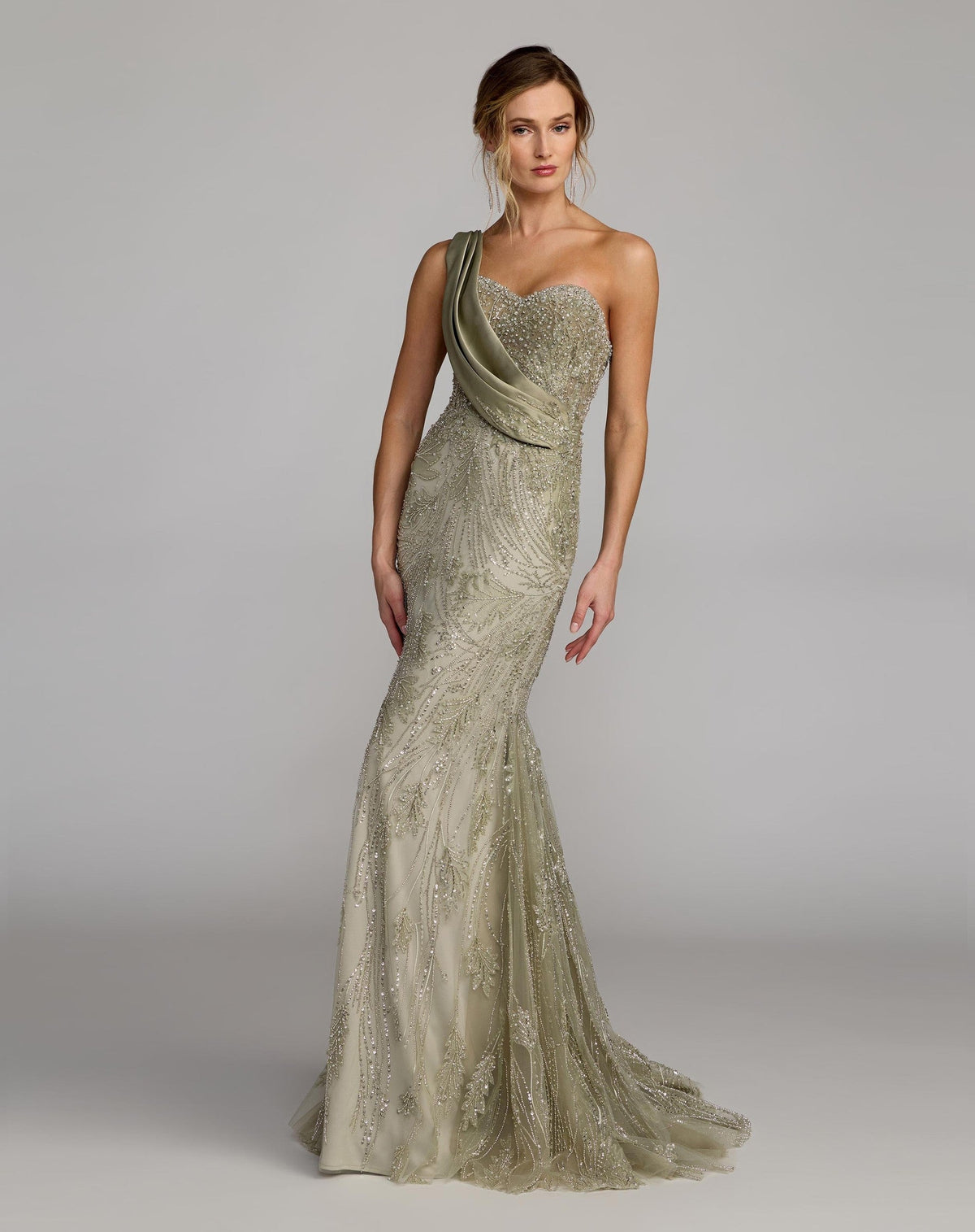 Sage Beaded One Shoulder Draped Mermaid Gown