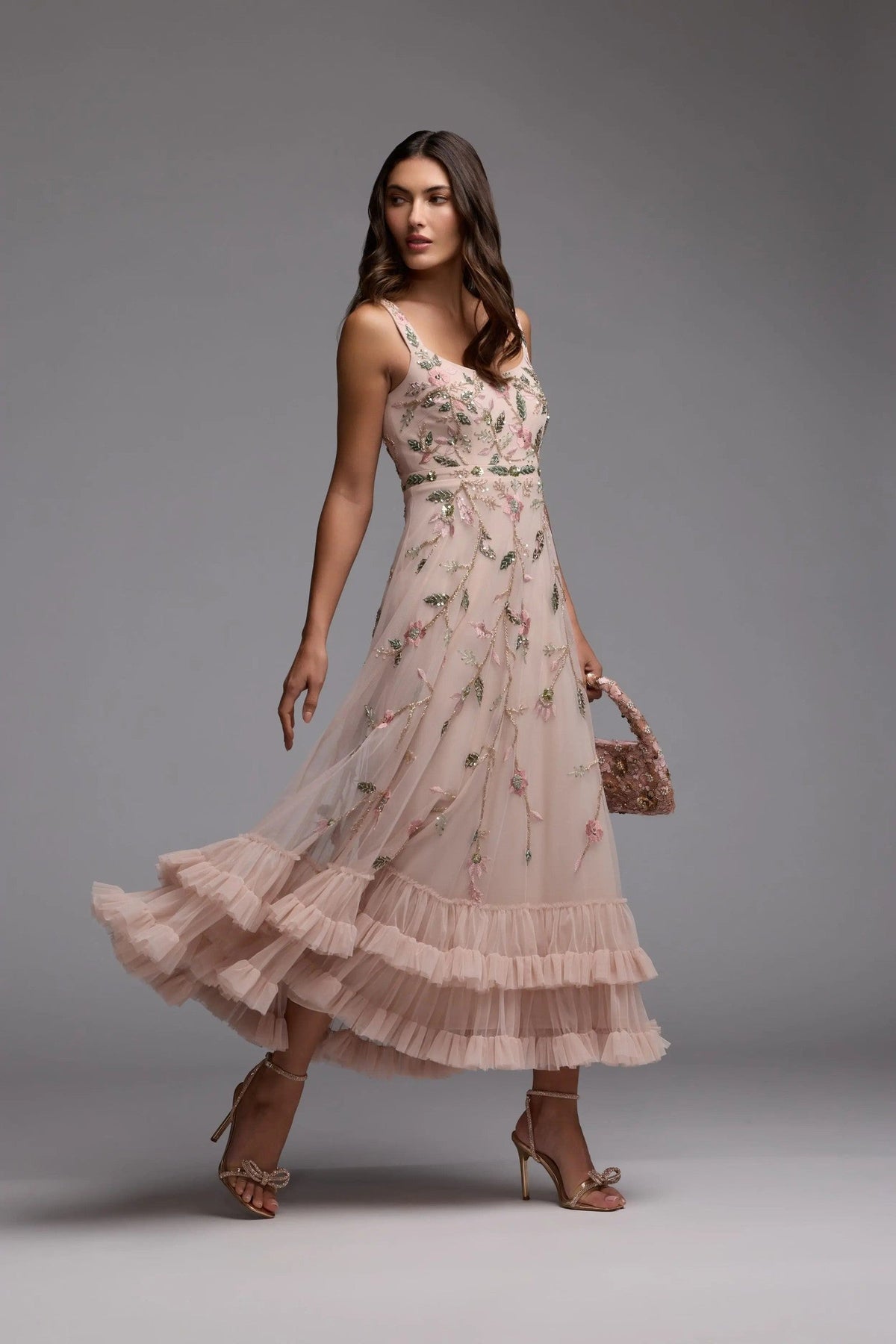 Porcelain Ruffle Midi Dress with Floral Embroidery