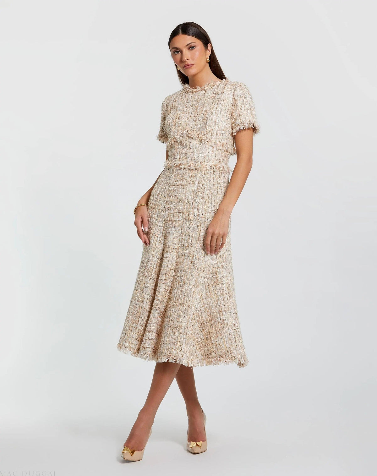 Beige Boucle Short Sleeve A Line Midi Dress