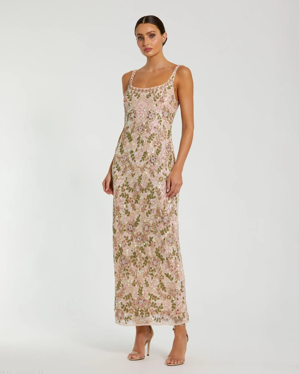Nude Multi Sleeveless Hand Embellished Floral Maxi Dress