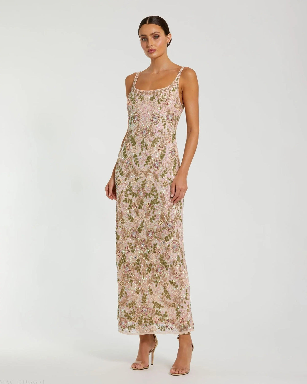 Nude Multi Sleeveless Hand Embellished Floral Maxi Dress