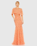 Coral Embellished Illusion Cape Sleeve Trumpet Gown
