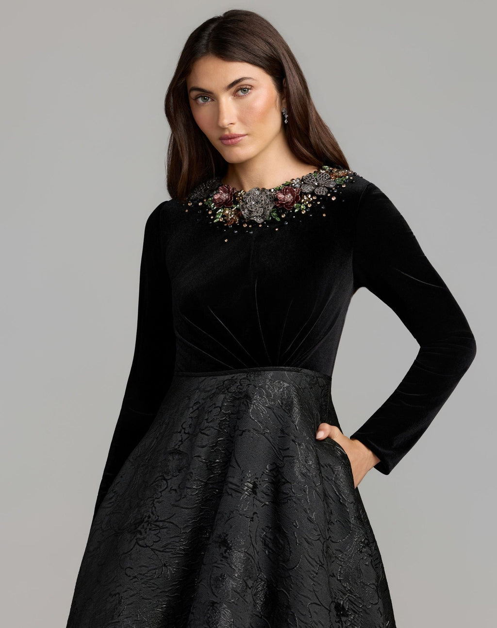 Black Multi Embellished Long Sleeve Brocade Ball Gown