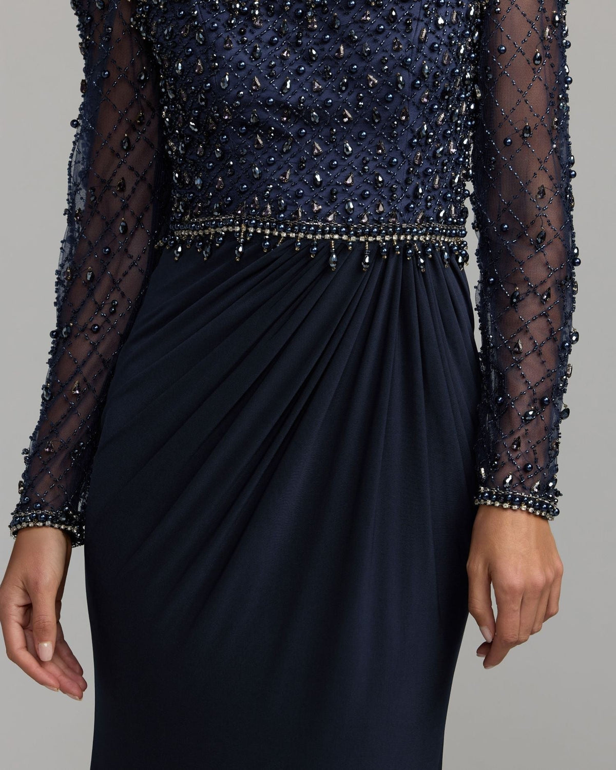 Midnight Embellished Illusion Long Sleeve Column Gown
