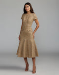 Beige High Neck Short Sleeve Boucle Midi Dress