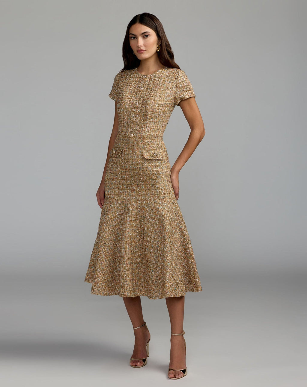 High Neck Short Sleeve Boucle Midi Dress