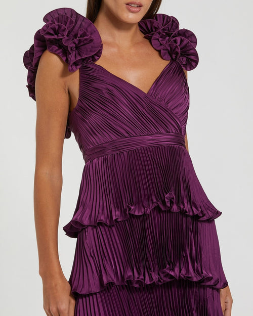 Aubergine Pleated Charmeuse Tiered Gown With Ruffle Straps