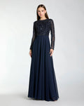 Navy Embellished Lace Long Sleeve Gown With Chiffon Skirt