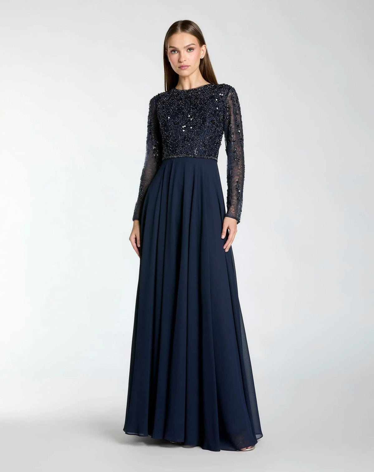 Navy Embellished Lace Long Sleeve Gown With Chiffon Skirt