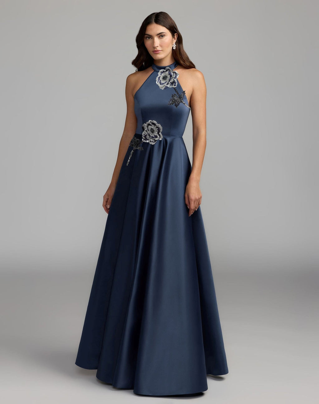 Midnight Floral Sequin Appliqué Halter Ball Gown
