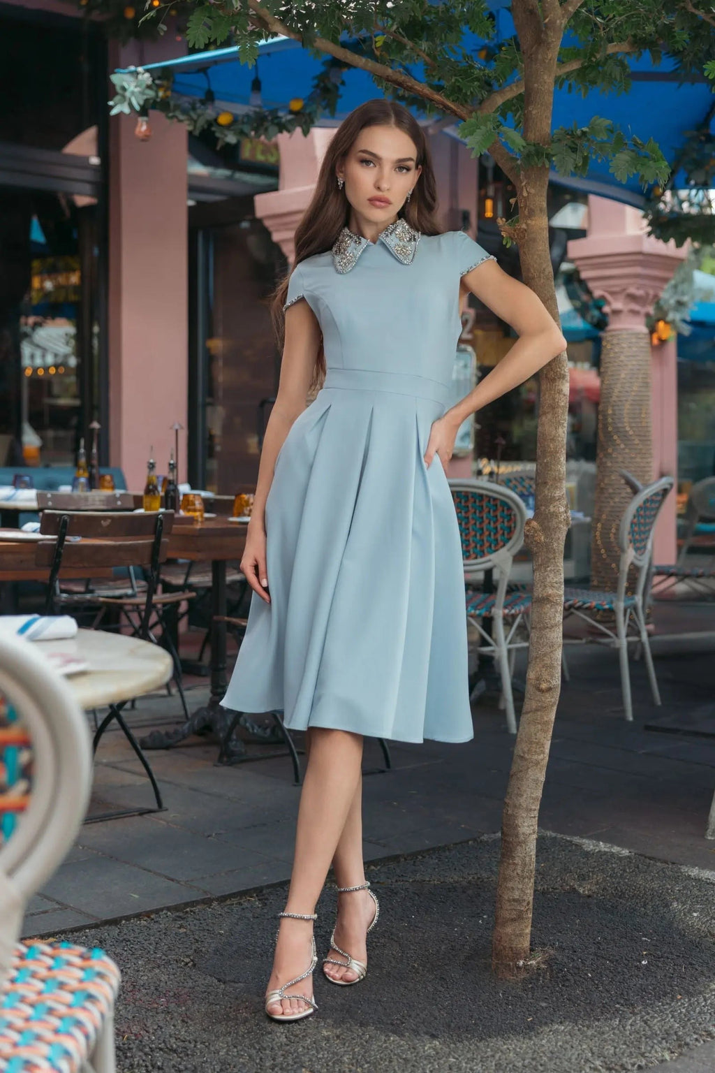 Blue Embellished Collar A-Line Midi Dress