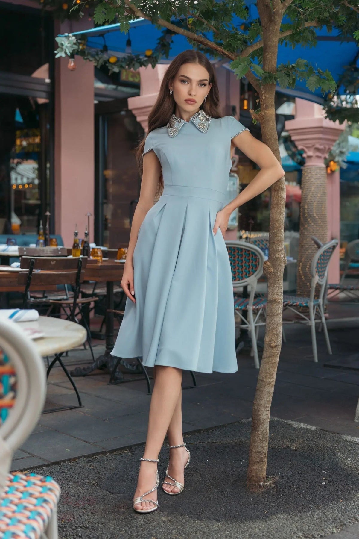 Blue Embellished Collar A-Line Midi Dress