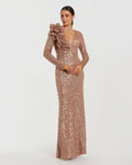 Light Pink Long Sleeve V Neck Sequin Gown With 3D Flower