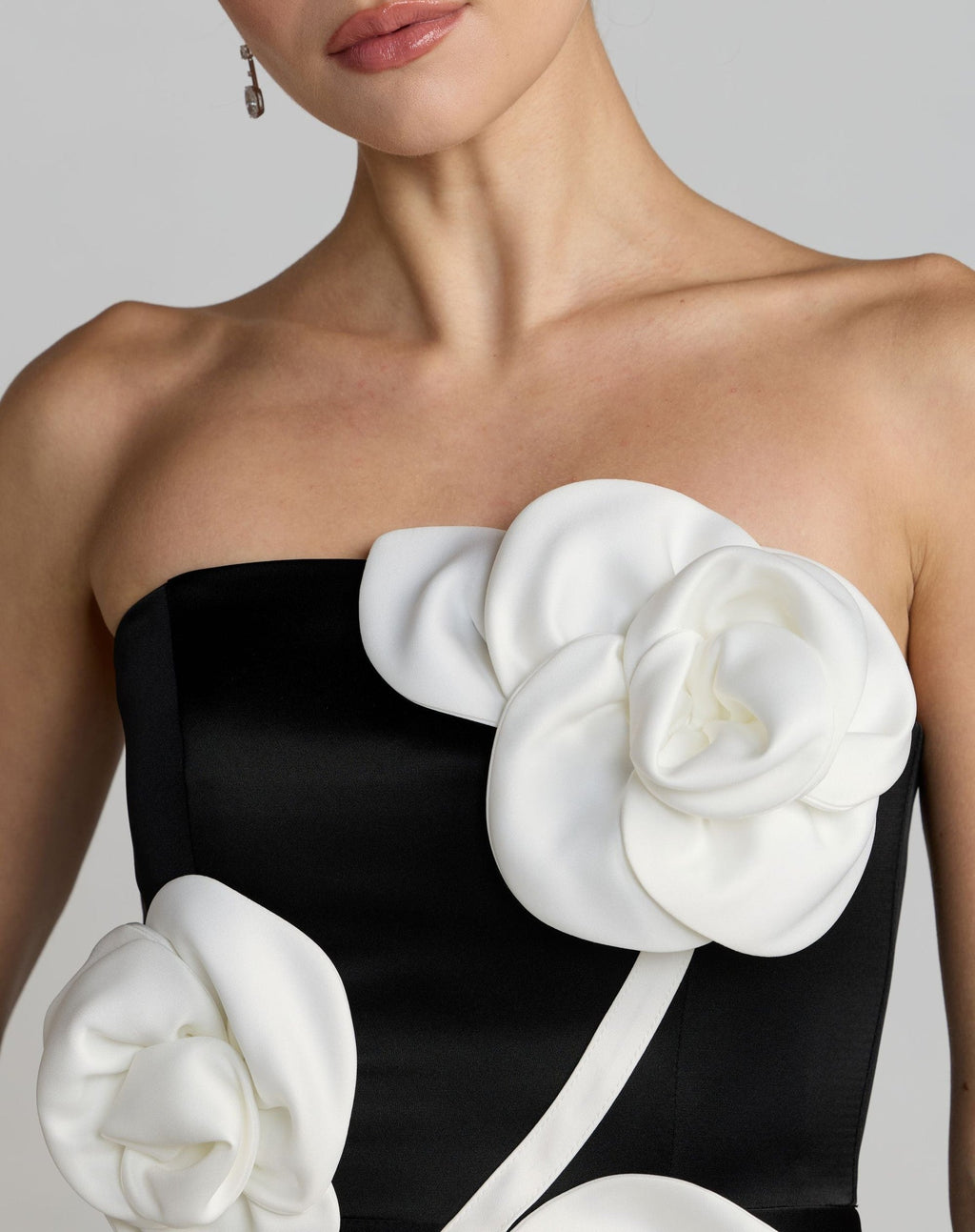 Black Ivory Strapless Satin A-Line Dress With 3D Flowers
