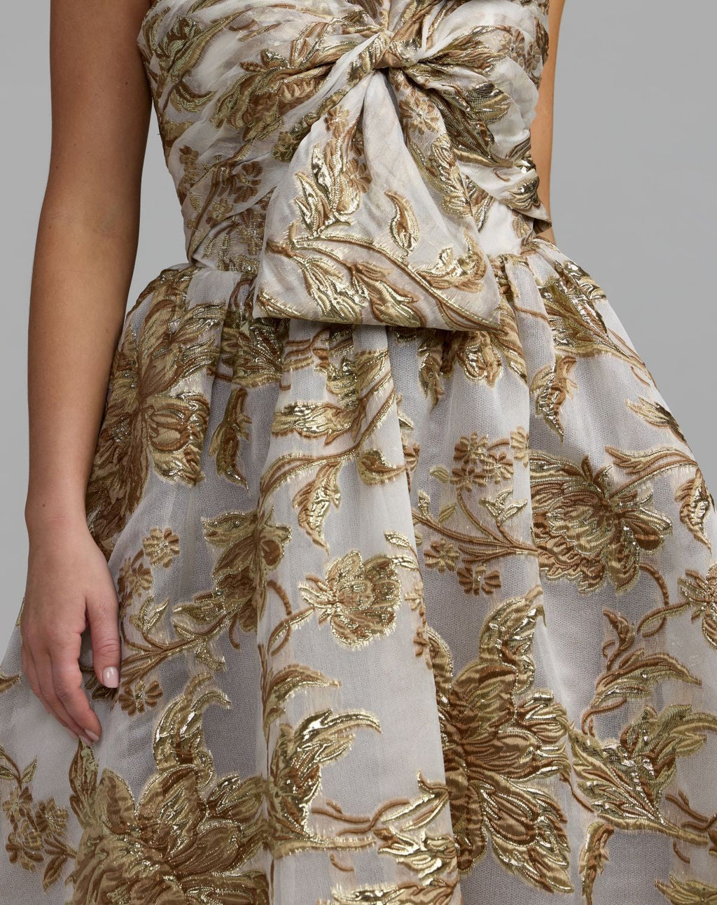 Bronze Floral Strapless Brocade Ball Gown With Bow