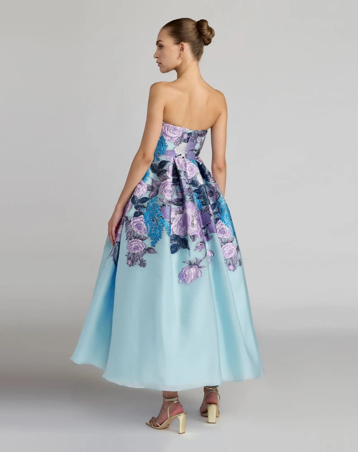 Blue Floral Brocade Strapless Midi Dress
