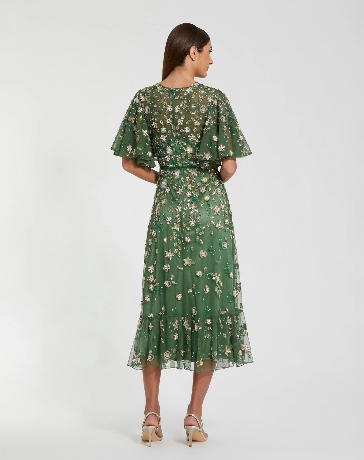 Sage Floral Embellished Flutter Sleeve Midi Dress