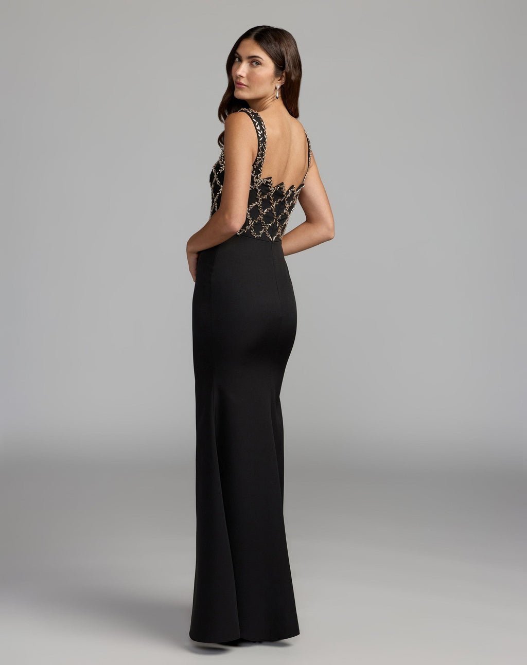 Petite Black Gold Embellished Square Neck Column Gown