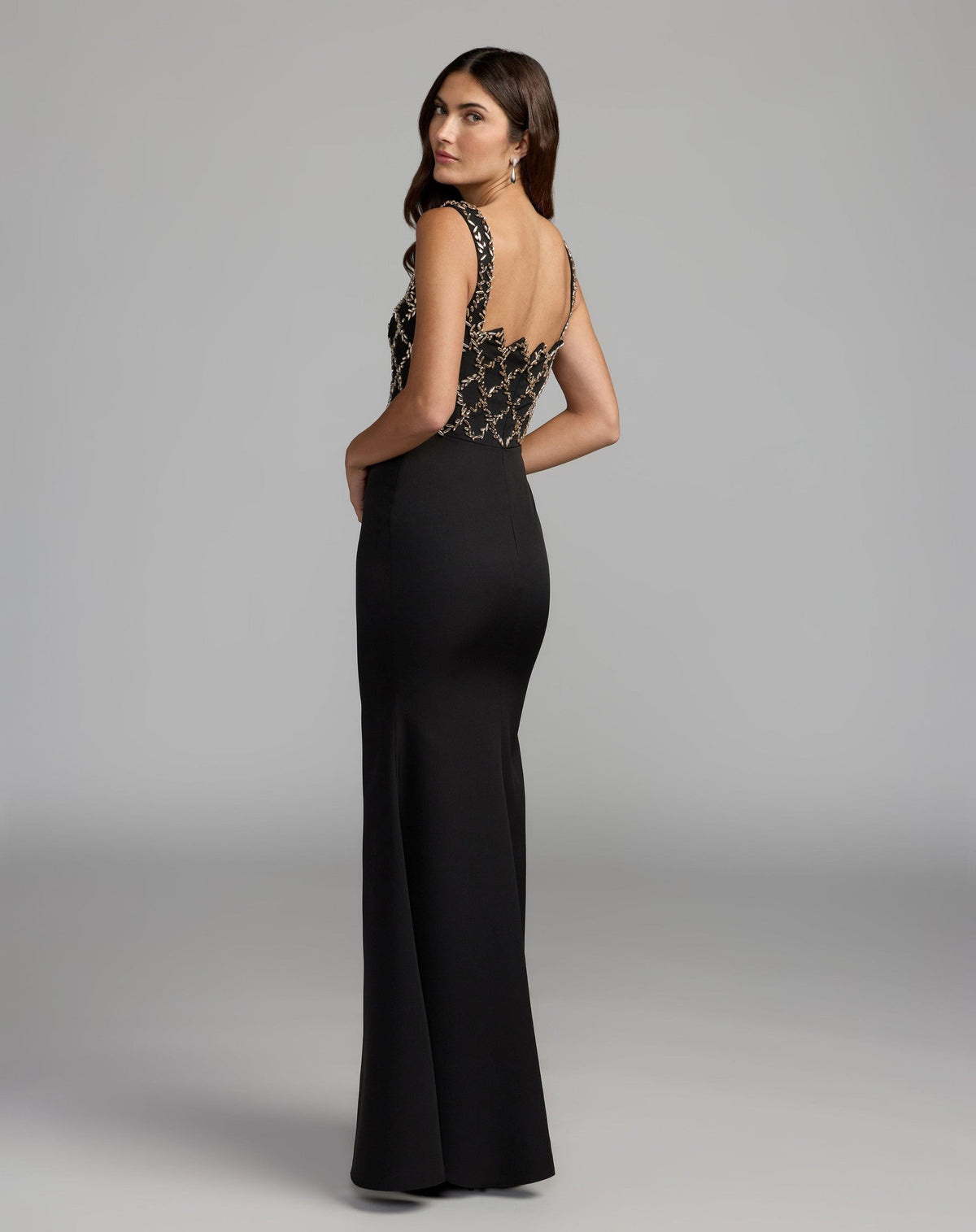 Petite Black Gold Embellished Square Neck Column Gown