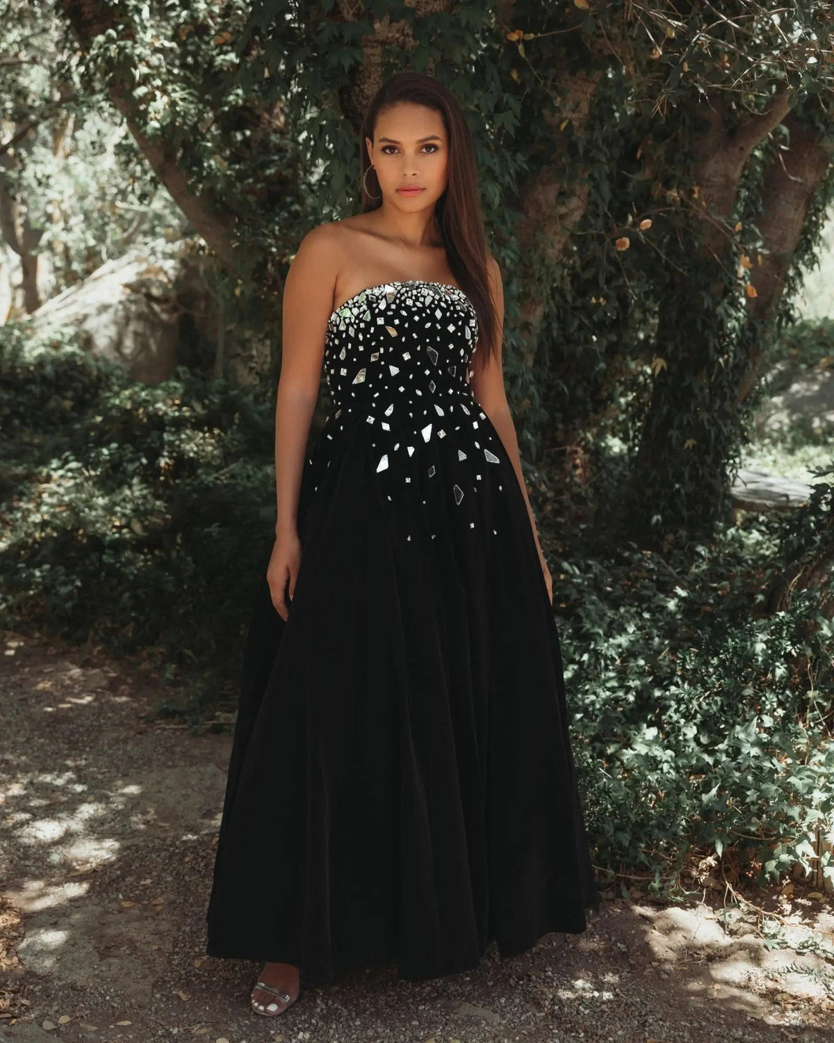 Black Embellished Velvet Strapless A-Line Maxi Dress