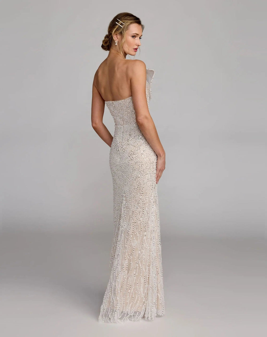 Ivory Nude Strapless Embellished Column Gown With 3D Petals