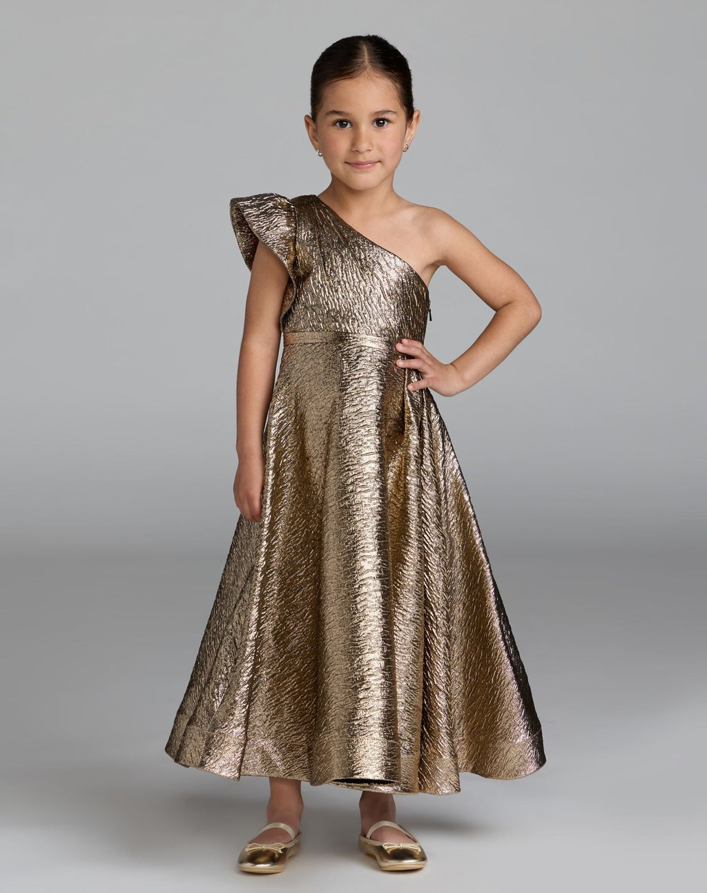 Girls Gold One Shoulder Metallic Maxi Dress