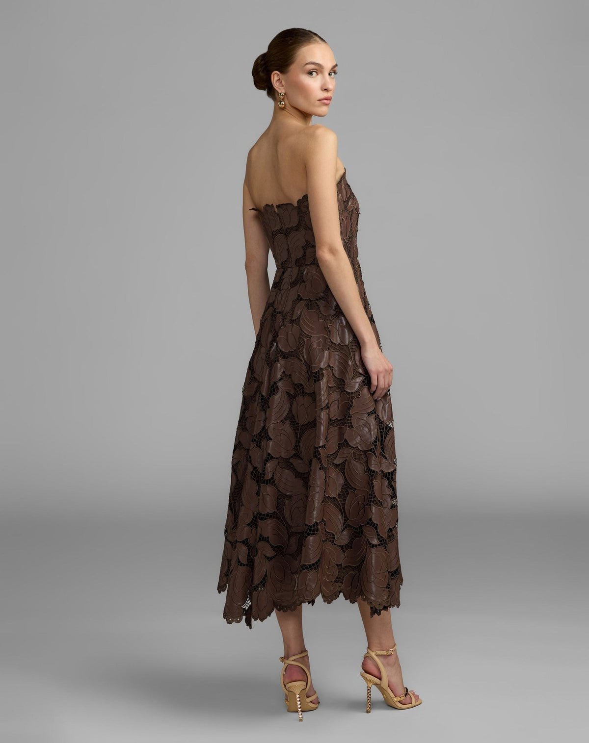 Chocolate Strapless Floral Leather A-Line Midi Dress