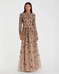 Petite Antique Rose Embellished High Neck Long Sleeve A Line Gown