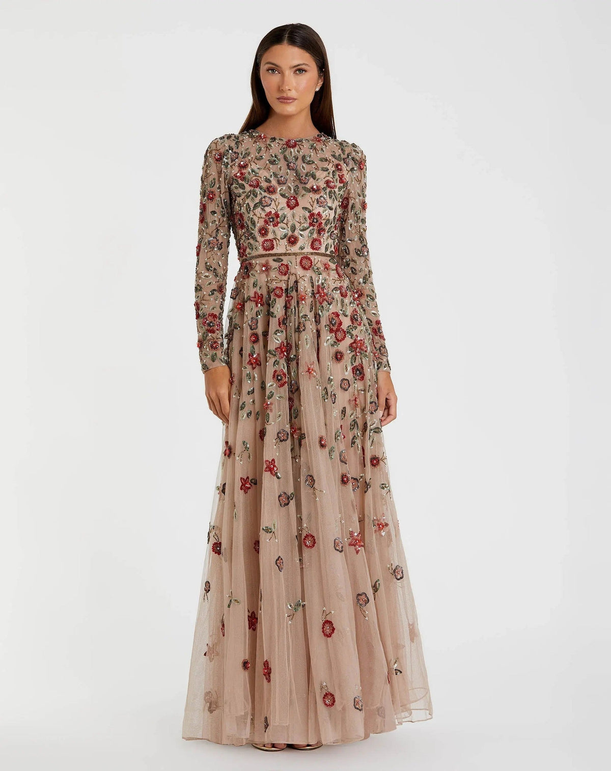 Petite Antique Rose Embellished High Neck Long Sleeve A Line Gown